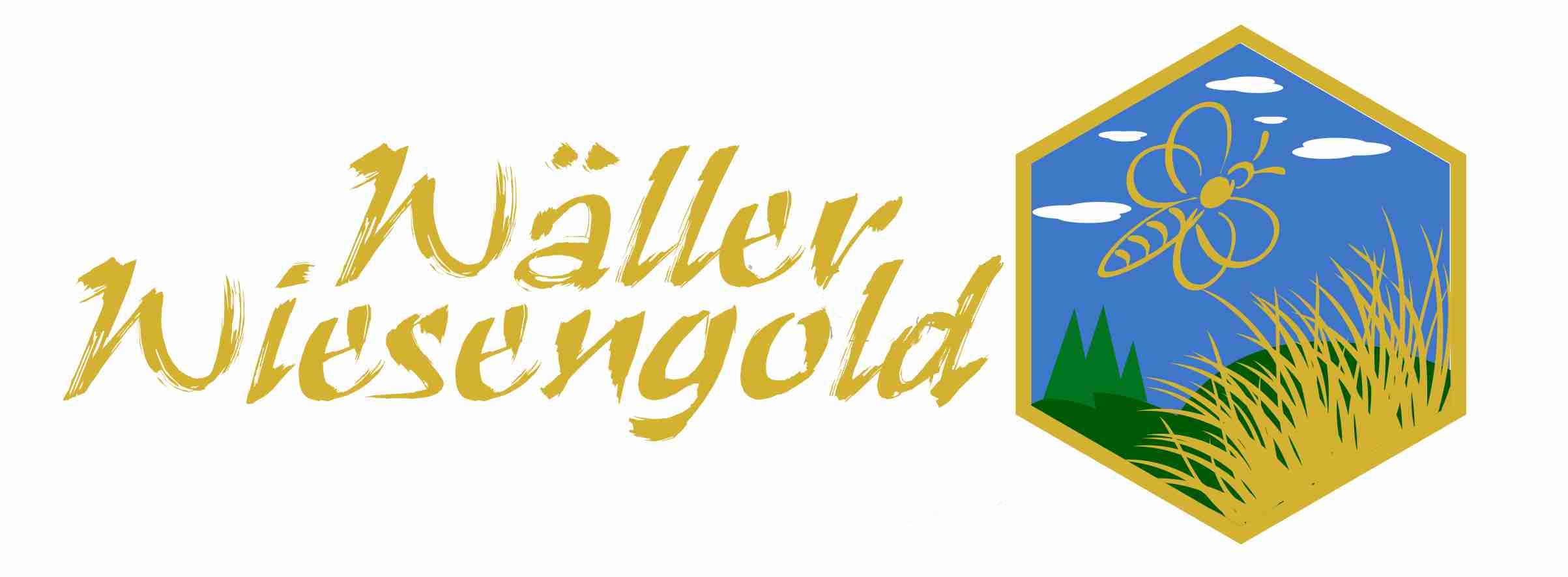 Das Logo von Wäller Wiesengold. In goldener Schrift steht links Wäller Wiesengold. Rechts ist ein sechseckiges Logo abgebildet, in dem ein blauer Himmel, eine gezeichnete Biene und goldener Rasen zu sehen.
